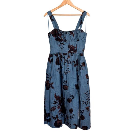 Free People Laters Baby Denim Blue Floral Midi Dress Storm Combo Size L Boho - Picture 4 of 9